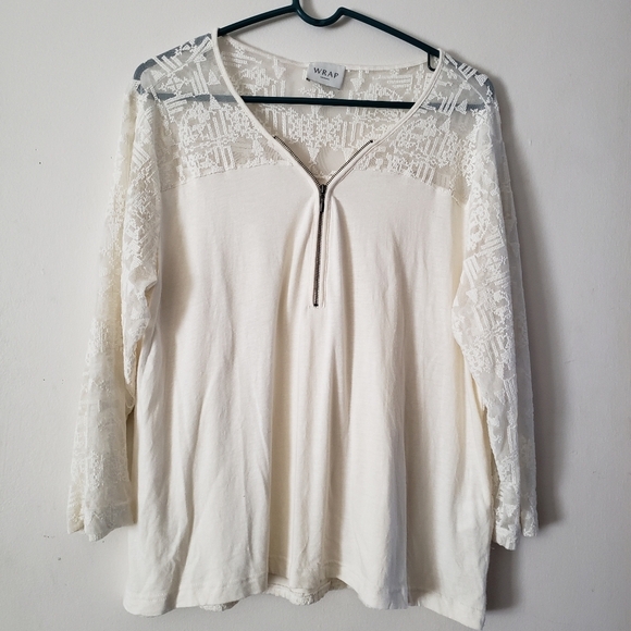 WRAP London Pop Over Cream Lace Top Blouse Embroidery Quater Zip Sz US 16, UK 20 - Picture 2 of 8